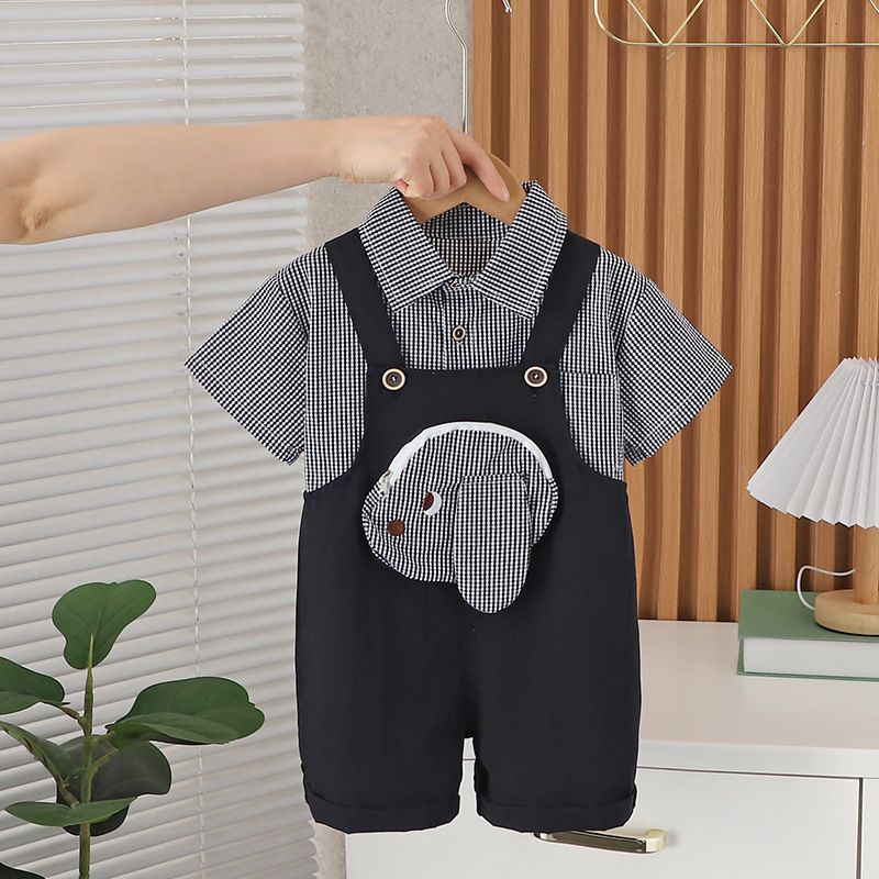 Sommer 2024 Kinder kariertes Hemd, Welpengurt, kurzärmeliges Sommeroutfit, 2-5 Jahre altes zweiteiliges Set für Jungen_voghion.com