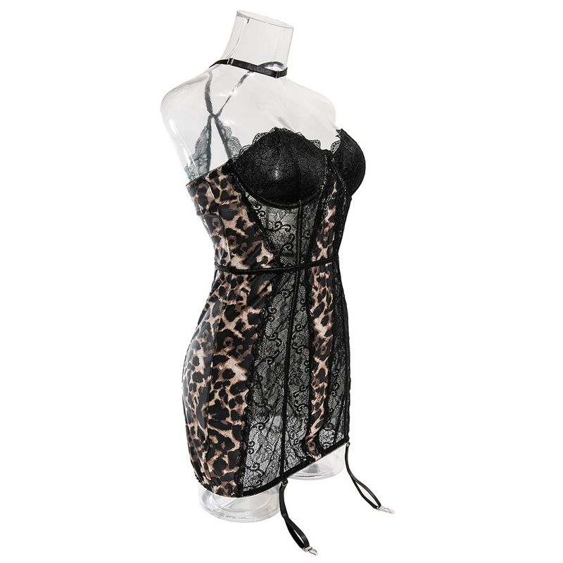 European and American cross border new large size women's lace splicing leopard print milk silk breathable hollow steel ring gathered dress_voghion.com
