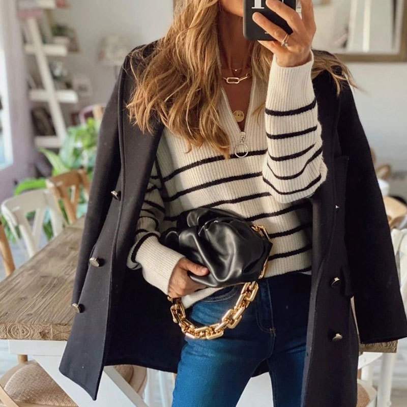 Abbigliamento da donna Maglione maglione pullover con cerniera da donna a maniche lunghe a righe color block a collo alto_voghion.com