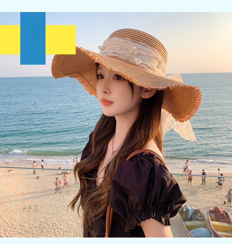 mit Bowknot-Sonnenschutzstroh für Damen, modisch, süßes Temperament, große Krempe, Sonnenschutzhut für den Außenbereich_voghion.com