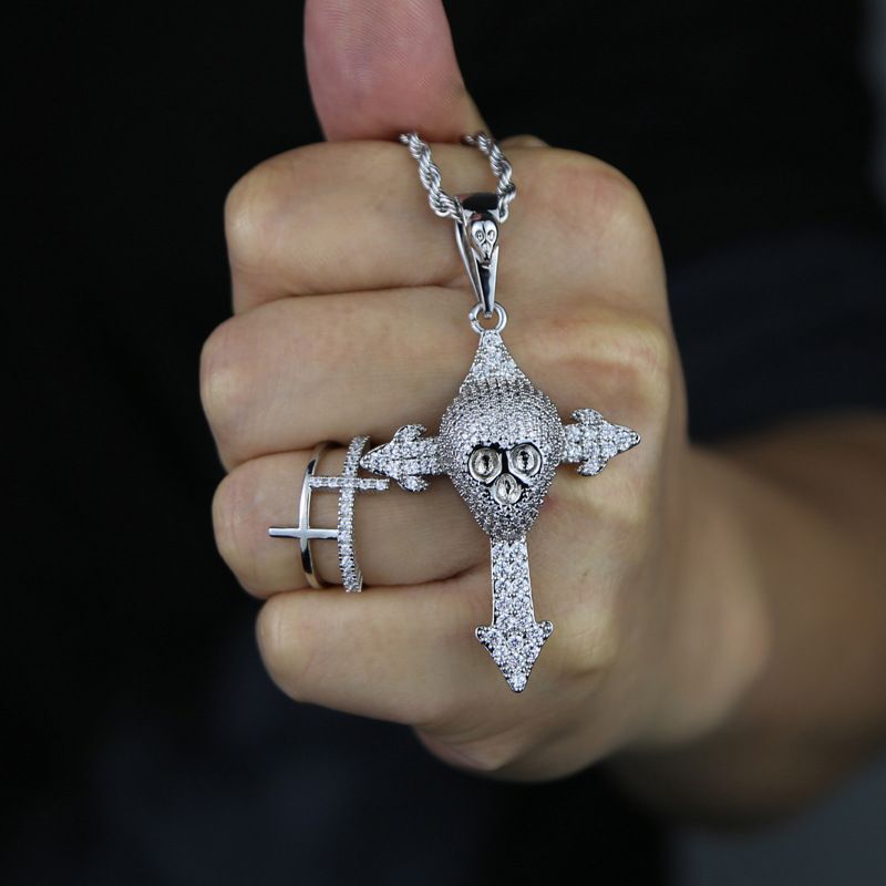 New Skull Cross Pendant Set with Zircon Hip Hop Necklace Jewelry_voghion.com