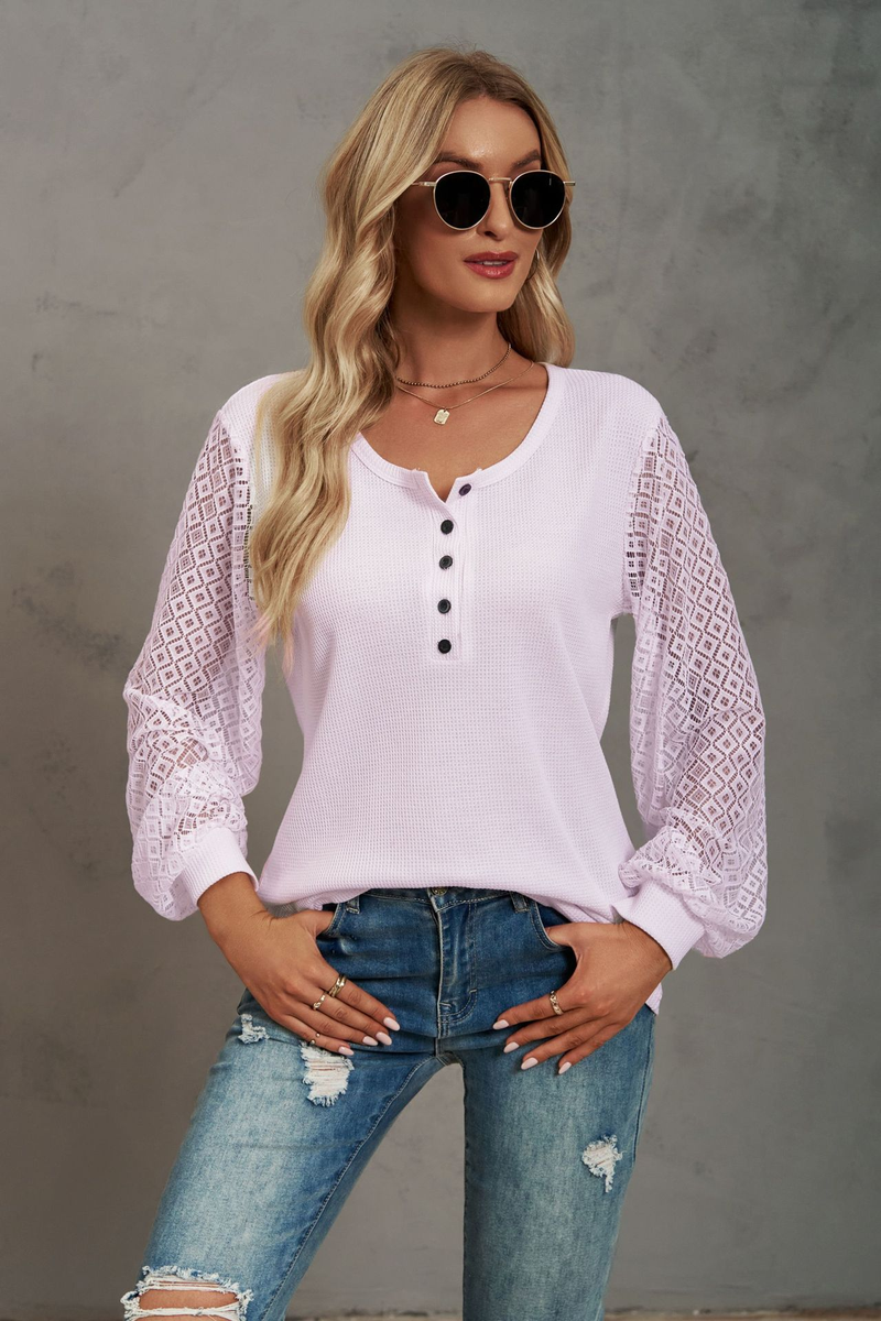 Women's Clothing Casual Waffle Grace Panel Long Sleeve Button T-shirt Top_voghion.com