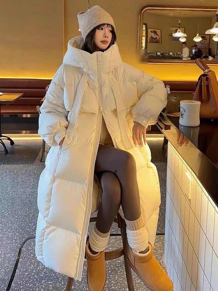Women's Long Padded Down Coat With Hood, Oversized Winter Jacket, Warm Thick Polyester Parka For Cold Weather (White, Black, Brown, Khaki)_voghion.com
