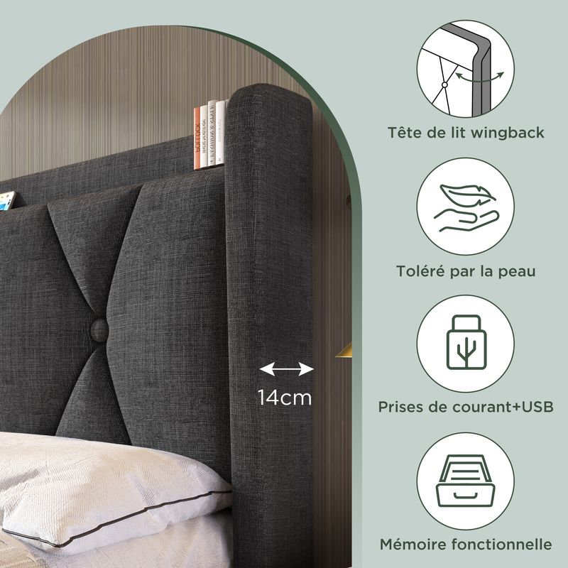 Cadre de lit double avec rangement 140 x 200 cm, avec port USB, tête de lit capitonnée et 4 tiroirs, sommier à lattes en bois gris (avec matelas)_voghion.com