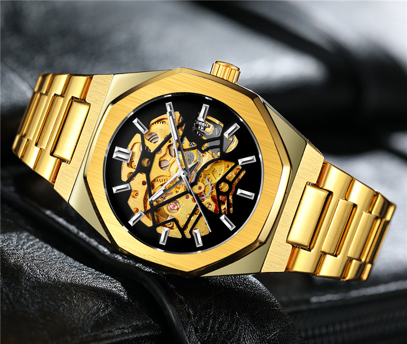 Vollautomatische mechanische Herrenuhr mit Schwungrad, skelettiertem Zifferblatt und polygonaler Business-Armbanduhr_voghion.com