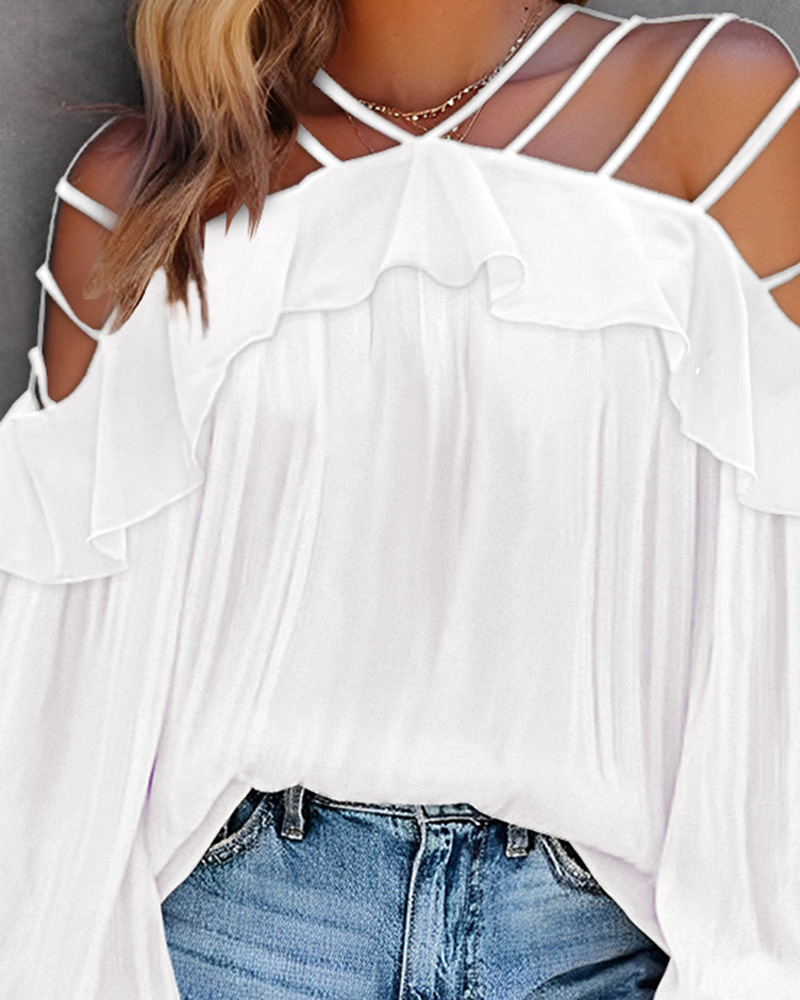 Top da donna a maniche lunghe con volant e spalle scoperte, vestibilità slim, molto venduto_voghion.com