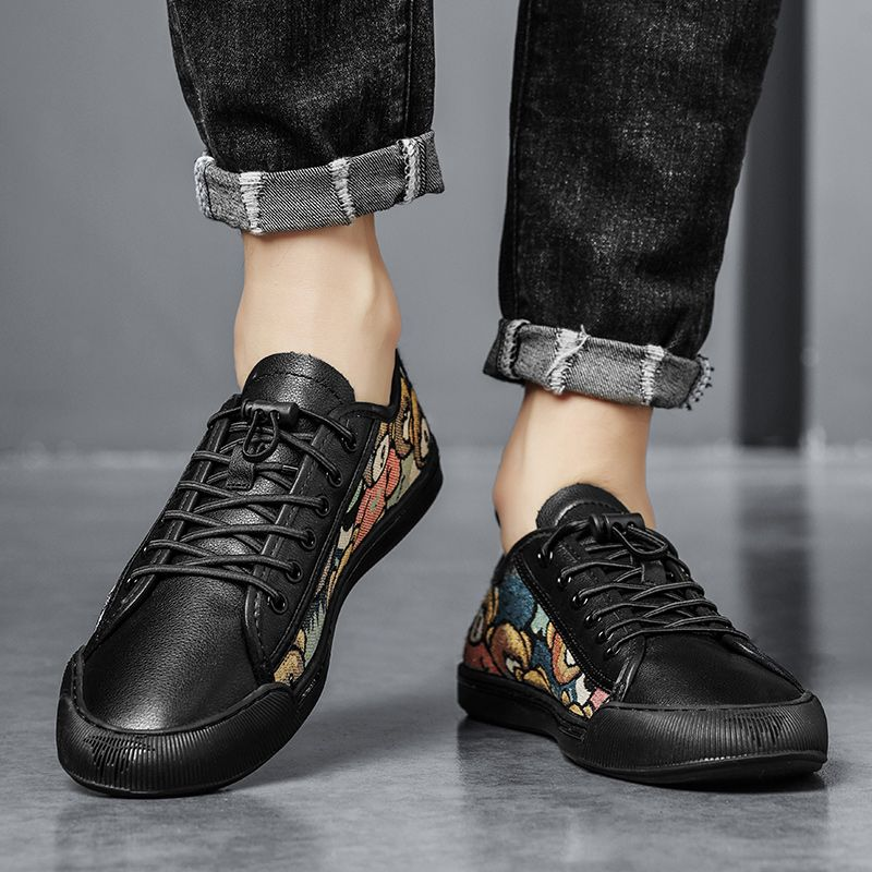Nova tendência versátil baixo top board estudante sola macia couro genuíno preto sapatos casuais_voghion.com