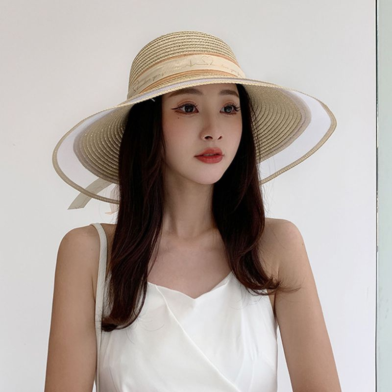 Zhuoxinder Women Straw Bow-knot Decor Mesh Patchwork Bandage Large Brim Anti-UV Sun Protection Lady Summer Hat_voghion.com