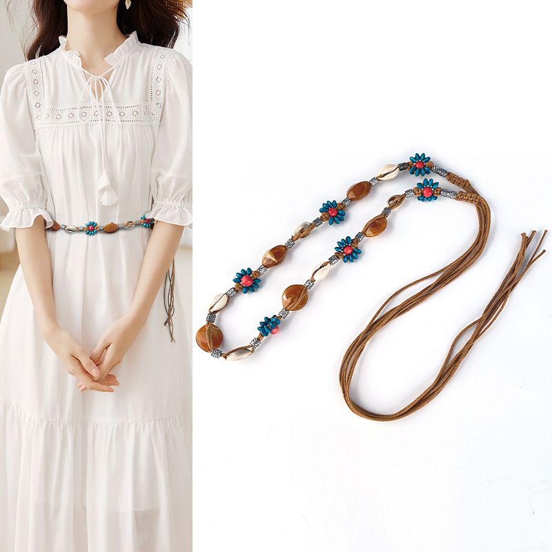 Koreaanse stijl decoratieve casual ketting mode veelzijdige wax touw geweven riem bohemian dames bloem taille accessoire_voghion.com