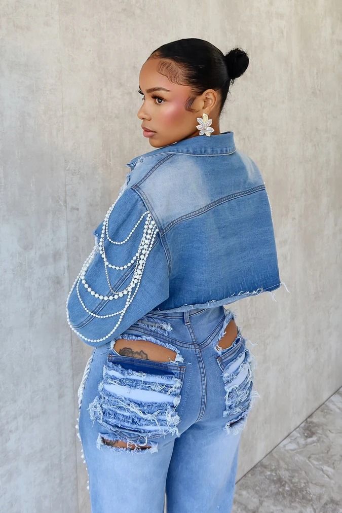 Women's Clothing Denim Jacket Women's Fashion Pearl Chain Handmade Beaded Denim Jacket_voghion.com