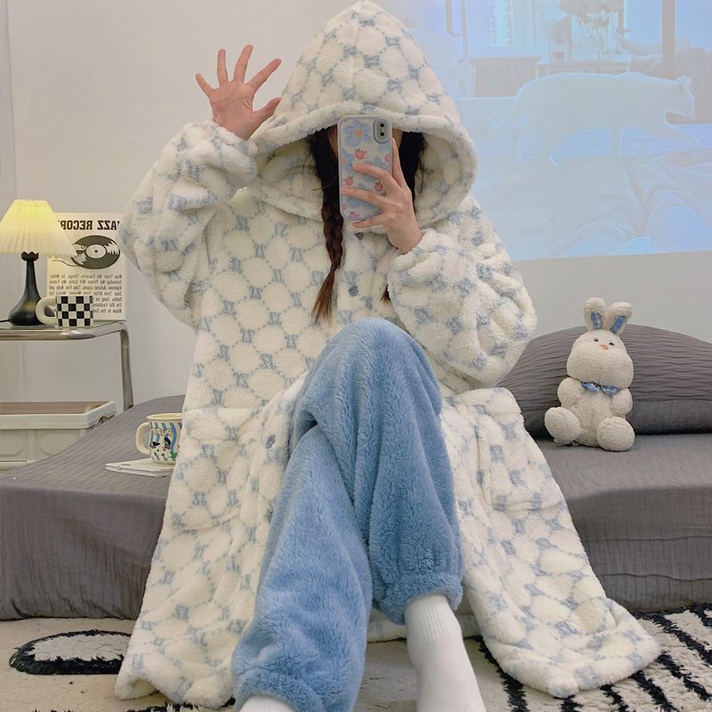 Pigiama da donna in pile corallo, pile spesso, flanella, camicia da notte, accappatoio, set da salotto con cappuccio_voghion.com