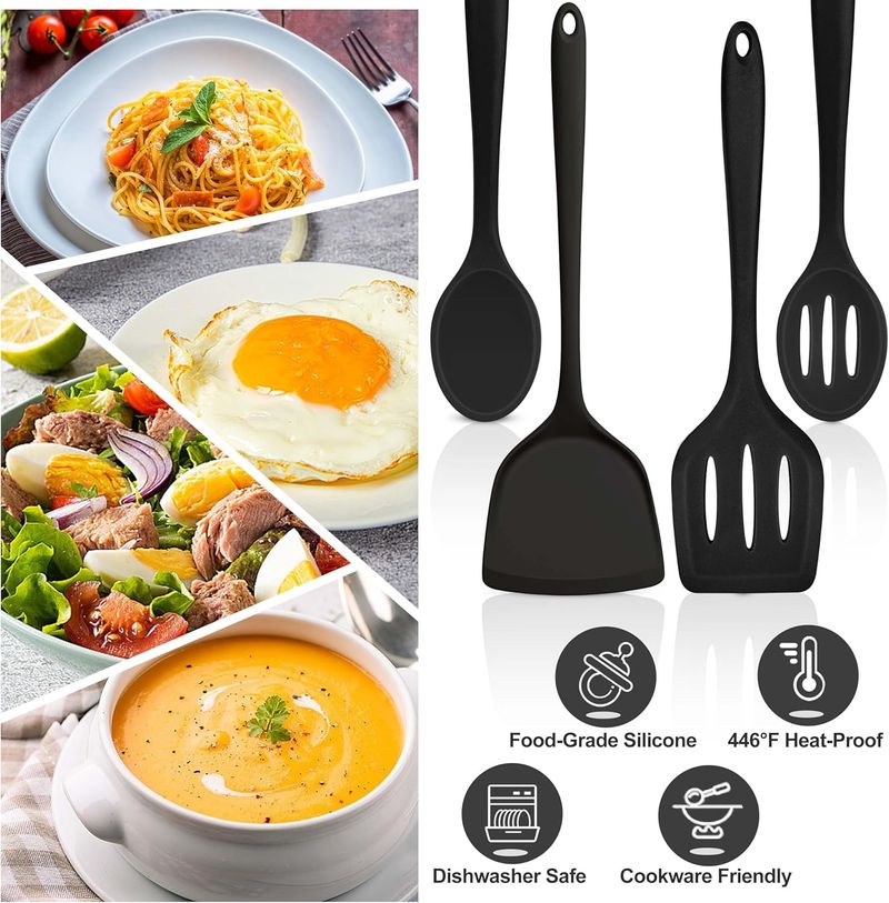 Juego de utensilios de cocina de 4 piezas, con espátula de silicona resistente al calor, cuchara sólida y ranurada para cocinar._voghion.com