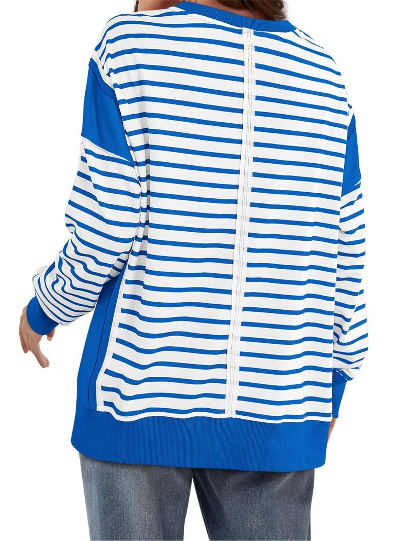 T-shirt a maniche lunghe da donna con righe a contrasto di colore - Felpa girocollo con motivo stampato_voghion.com