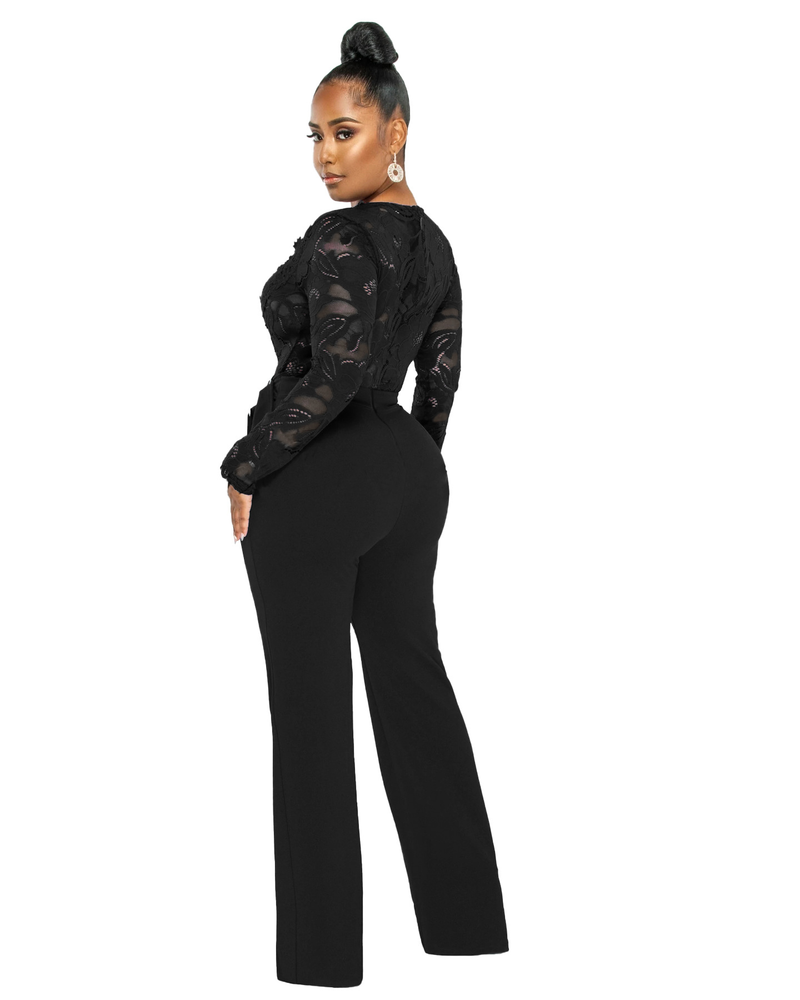 Weimizi tuta sexy casual sottile con scollo a V in pizzo trasparente, nuova moda europea e americana transfrontaliera_voghion.com