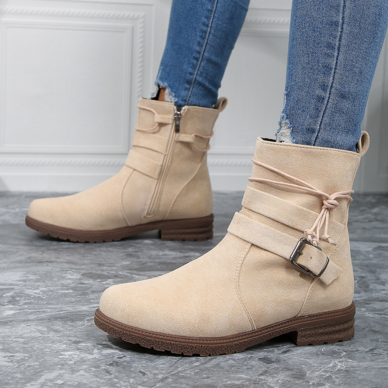 Short Booted Women's 2023 Autumn/winter New Round Head Martin Boots Side Zipper Belt Buckle Women's Boots_voghion.com