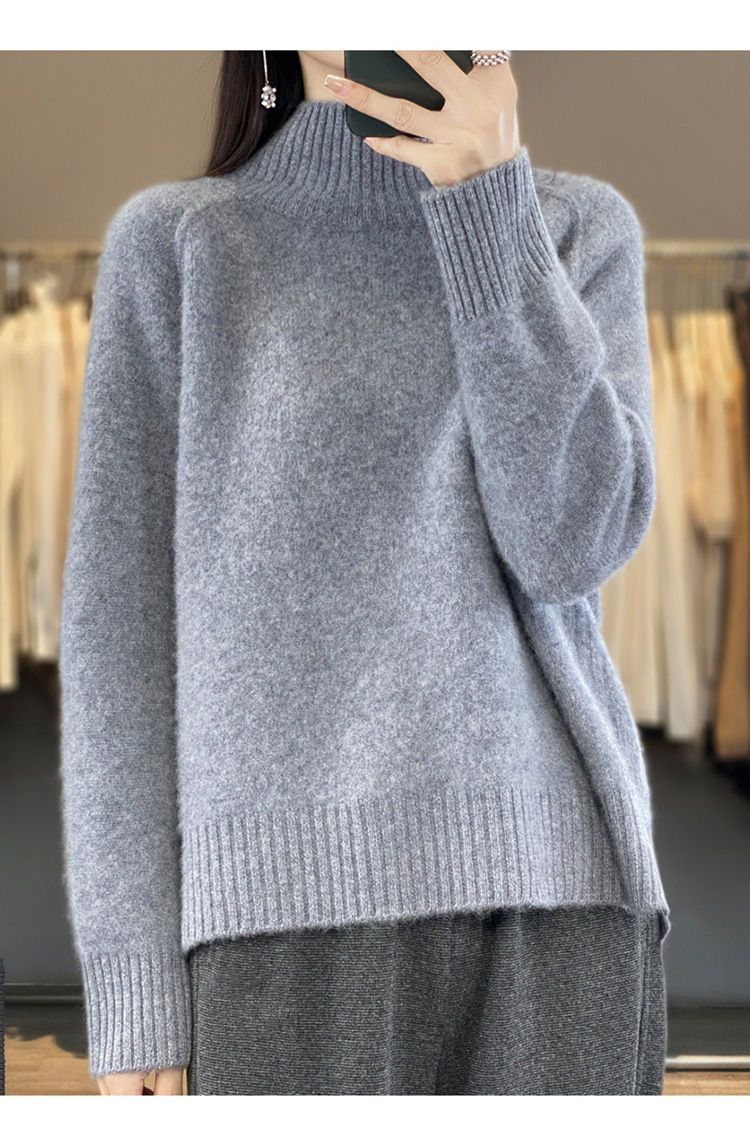 Damenbekleidung: Strickpullover mit Saum – Weiche Schafwollmischung, Pullover mit hohem Halsausschnitt, lässige, lockere Passform, einfarbiges Oberteil (Weiß, Beige, Khaki, Grau, Schwarz)_voghion.com