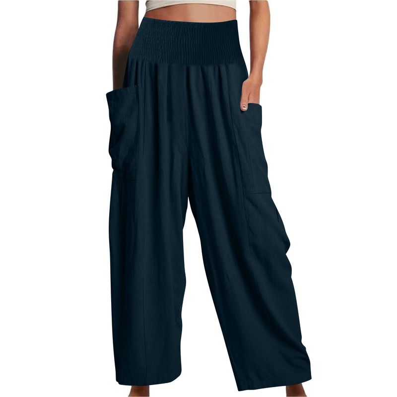 Damenbekleidung Leinenhose mit weitem Bein, lässig, locker, hohe Taille, Strand-Palazzo-Haremshose_voghion.com