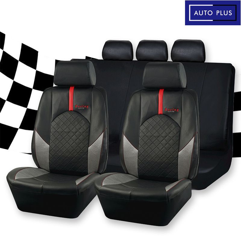 Capa de assento de carro em tecido com costura acolchoada em PVC preto, estampa de olho de pássaro, quatro estações, bordado universal com linha vermelha_voghion.com