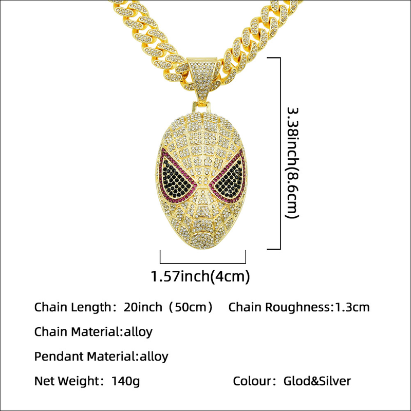 Collana con pendente a figura Bling ghiacciata da uomo e donna con catena cubana in cristallo da 13 mm_voghion.com