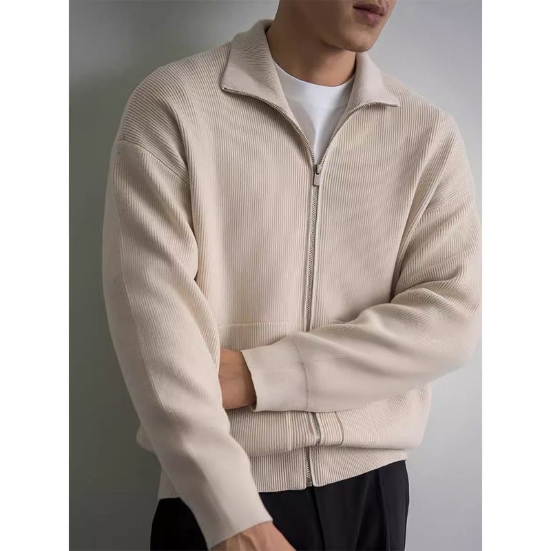 Erkekler için ilkbahar ve sonbaharda yeni hırka kazak, dışarıda giymek için moda markalı bol örgü kazak, erkek fermuarlı iplik ceket_voghion.com