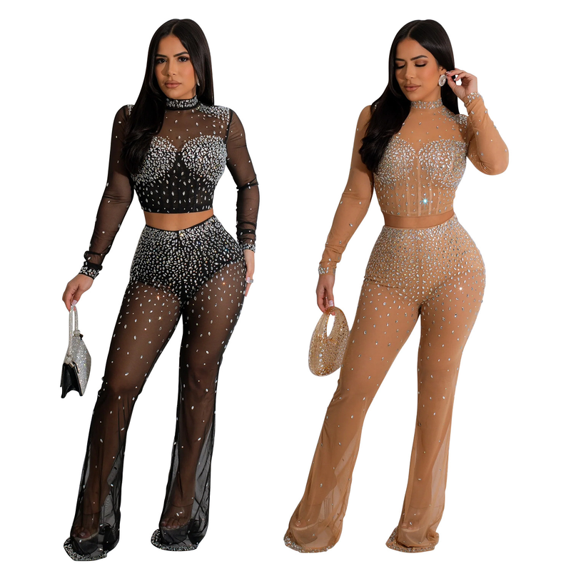 Conjunto de duas peças de calças de manga comprida de diamante quente de malha de cor sólida feminina_voghion.com