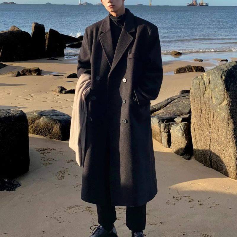 Winter Trendy Thickened Korean Version Loose British Wool Trench Coat Men's Mid-Length Over-the-Knee Jacket_voghion.com