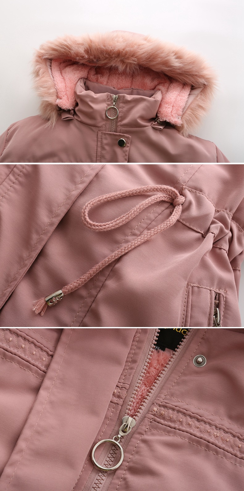 high-end women's cotton fleece mid-length black large size hooded cotton jacket warm fleece coat_voghion.com