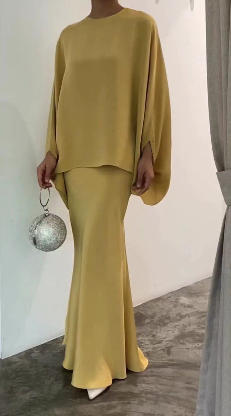Roupas femininas, tops de cor sólida e saias longas, vestidos elegantes até o chão, ternos de duas peças_voghion.com