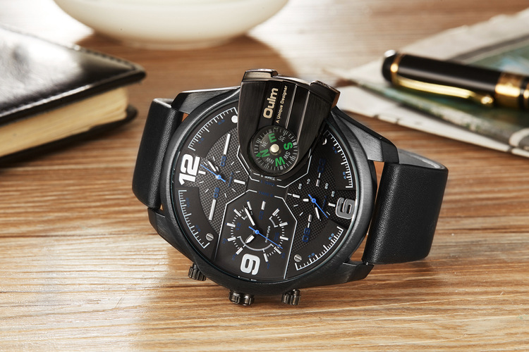 Luxuriöse Herren-Quarzuhr mit Kompass und GMT-Funktion, 58 mm großes Zifferblatt, Echtlederarmband, 30 m wasserdicht – Größen verfügbar_voghion.com