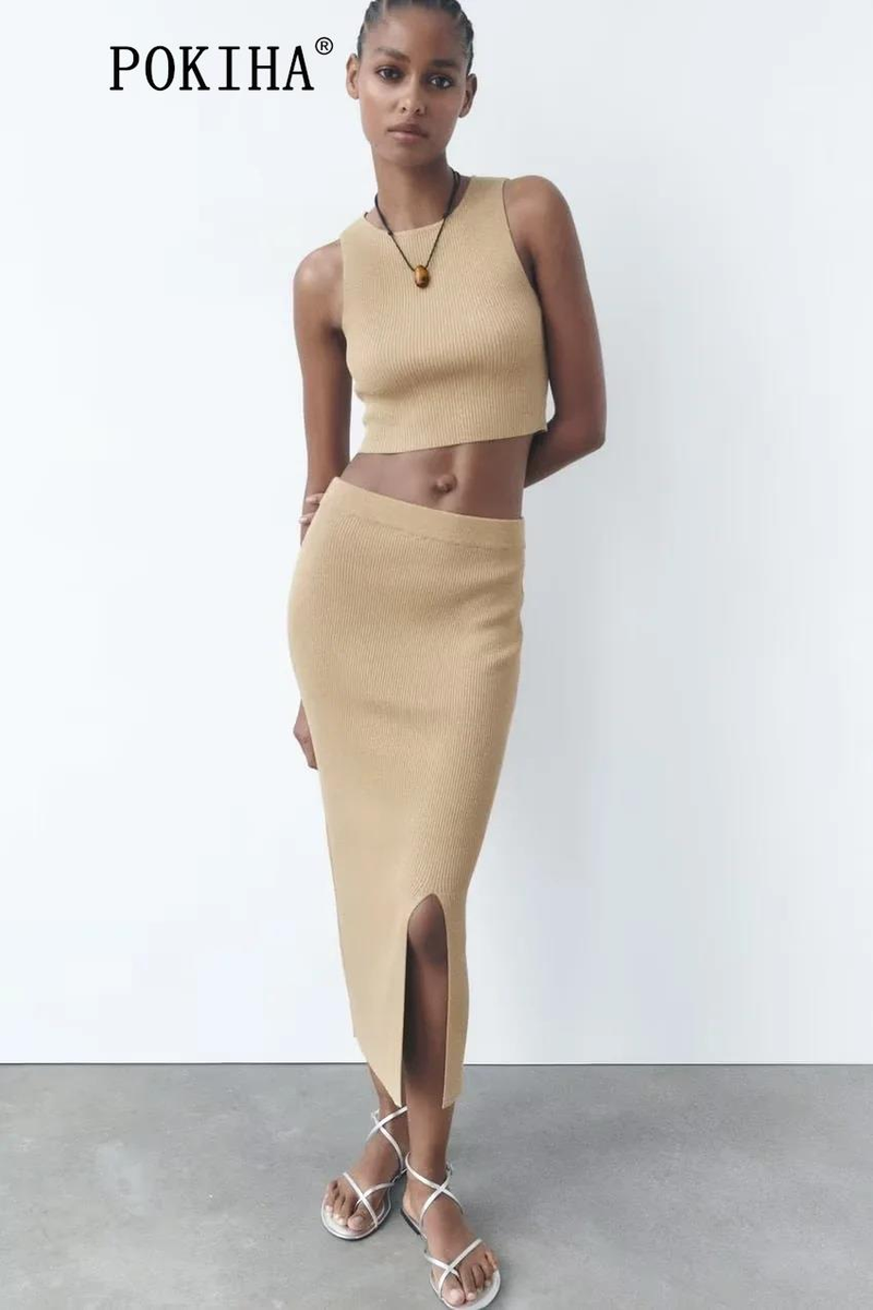 Pokiha Moda Donna Canotte corte lavorate a maglia metallizzata e gonne longuette divise in vita elastica sottile Donna Chic in due pezzi_voghion.com