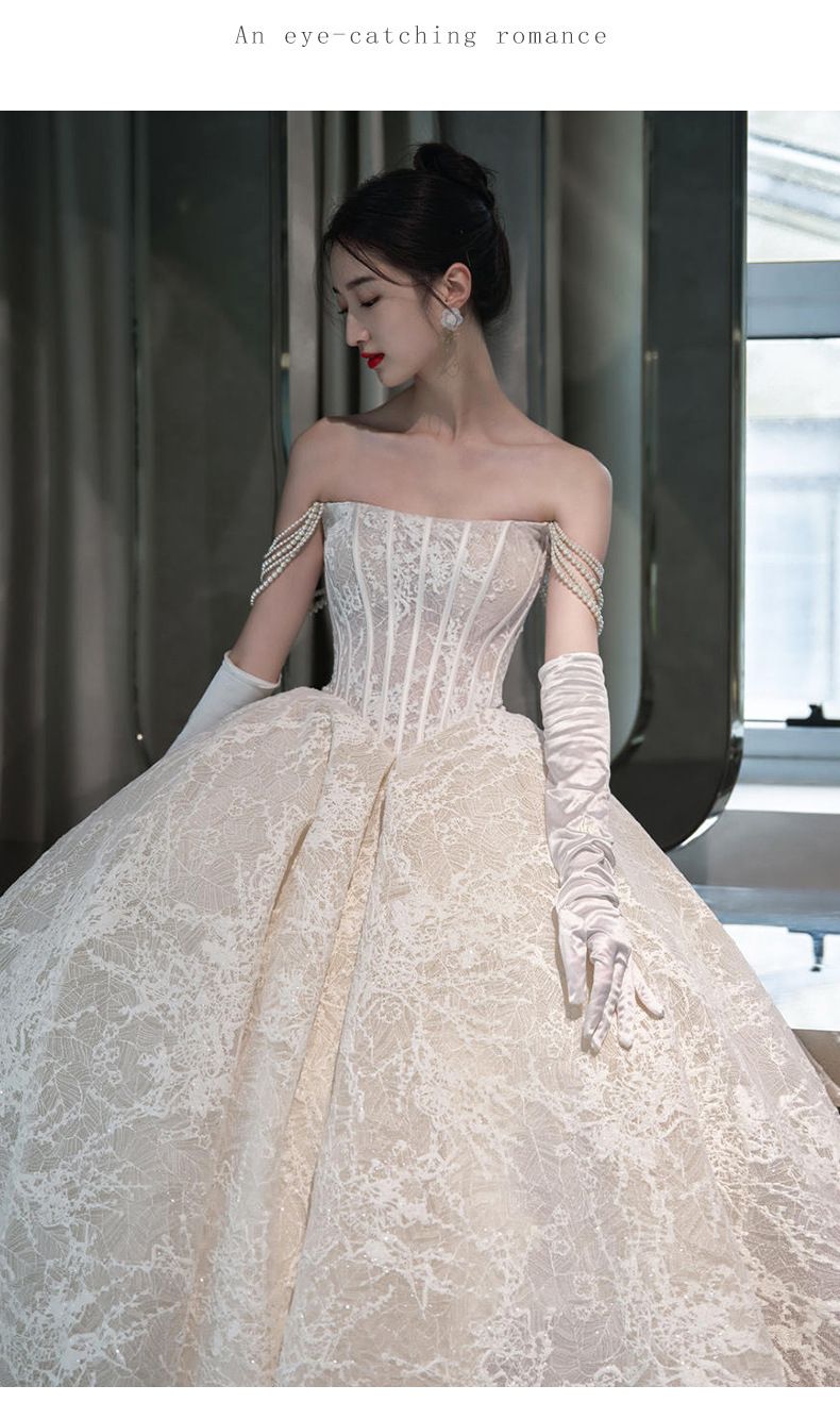 Elegant Strapless Wedding Dress – French-Inspired Vintage Lace Gown With Detachable Train, Plus Size & Petite Friendly, Romantic Boho Bridal Gown_voghion.com