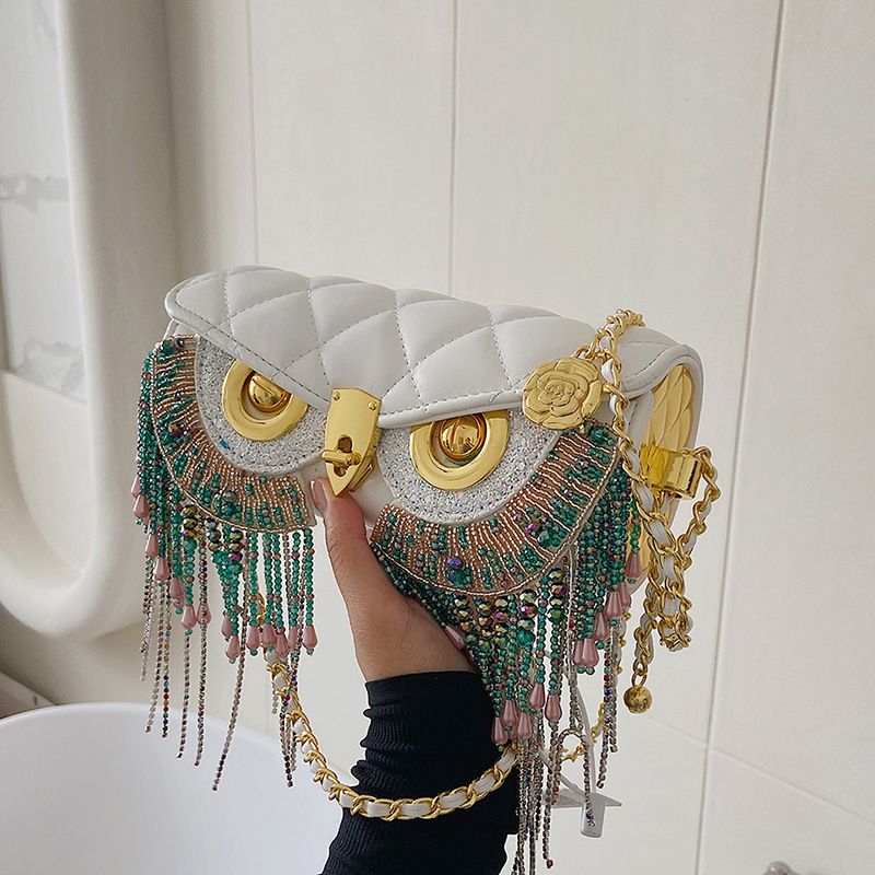 Borsa a tracolla rotonda piccola con tracolla a forma di gufo divertente, nuova moda, con nappa, trapuntata, a forma di cilindro e catena da donna_voghion.com