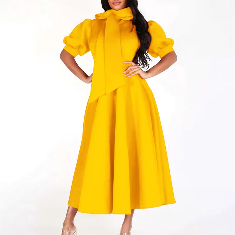 Vêtements pour femmes, printemps et été, tempérament, manches bouffantes, couleur unie, design, ceinture, jupe longue_voghion.com