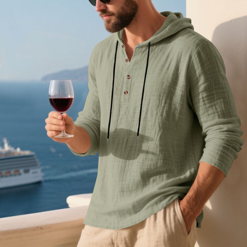 Herren-Kapuzenhemd aus Leinenmischung – Leichtes und atmungsaktives Langarm-Strandhemd (Schwarz/Grau/Armeegrün, lockere Passform, maschinenwaschbar)_voghion.com
