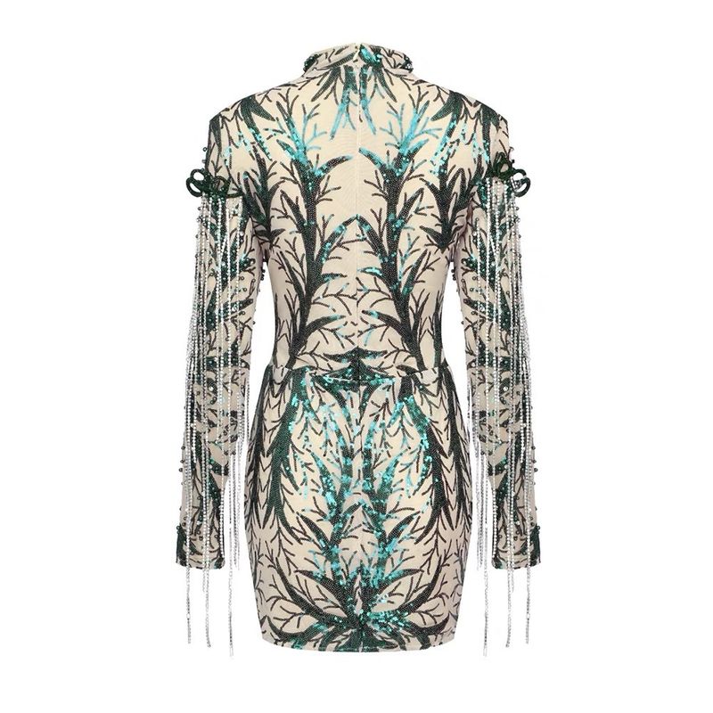Elegante abito da sera aderente con frange di perline e maniche lunghe per donna - Vita alta, paillettes scintillanti, abito da sera formale per banchetti e occasioni speciali_voghion.com
