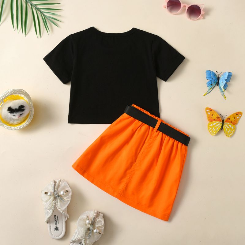 Kid's Clothing New style girls' solid color butterfly pattern T-shirt top casual skirt belt three-piece set_voghion.com
