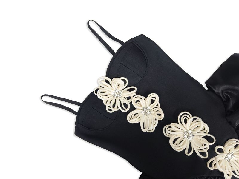 Elegante abito da donna con scollo a V e stampa floreale francese – Abito da festa in stile principessa con fiori 3D, scollo a cuore e vita alta_voghion.com