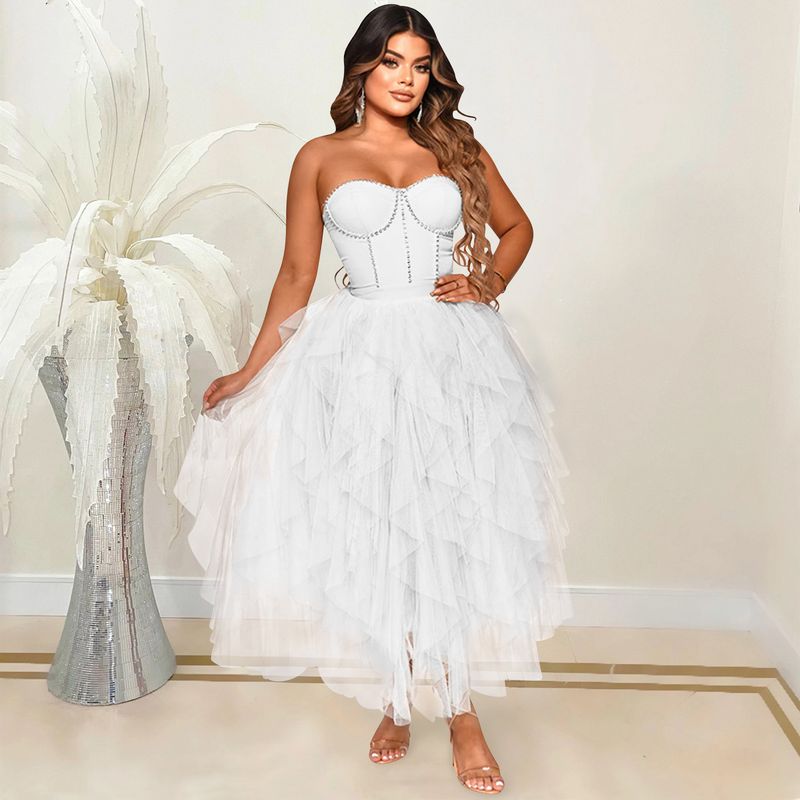 Îmbrăcăminte pentru femei, culoare solidă, fierbinte, cu diamant, tub, top, pufos, plasă, rochie, îmbrăcăminte pentru femei_voghion.com