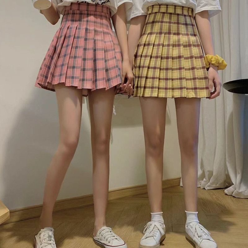 Gonna a pieghe a vita alta a quadri color caramella per donna, stile preppy, con minigonna morbida a quadri color caramella_voghion.com