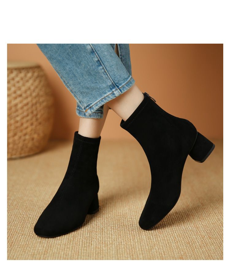 Chic Korean Style Booties Stewardess Super Popular Fancy 2023 New Arrival Chunky Heel Square Toe Fall And Winter French_voghion.com