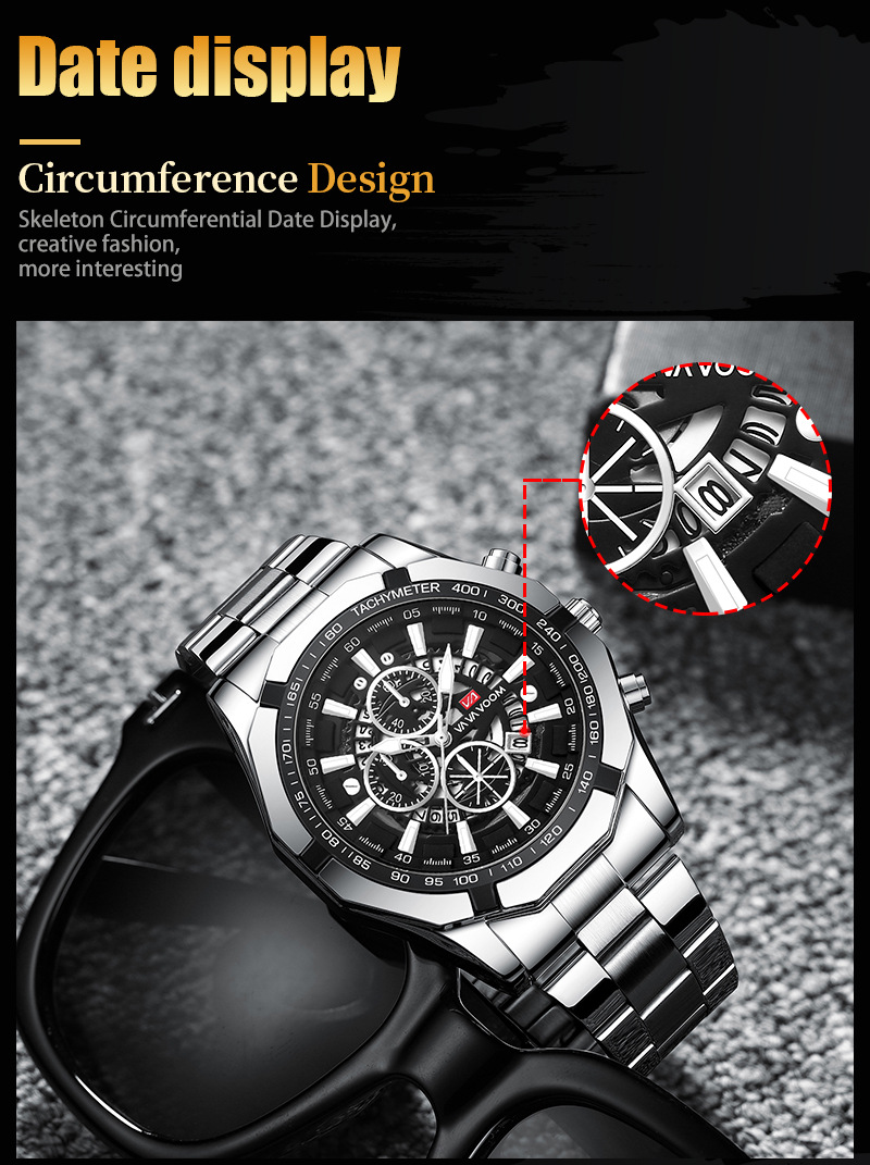 Relógio masculino com pulseira de aço, três olhos, seis pinos, calendário luminoso, esportivo, à prova d'água, relógio de quartzo_voghion.com