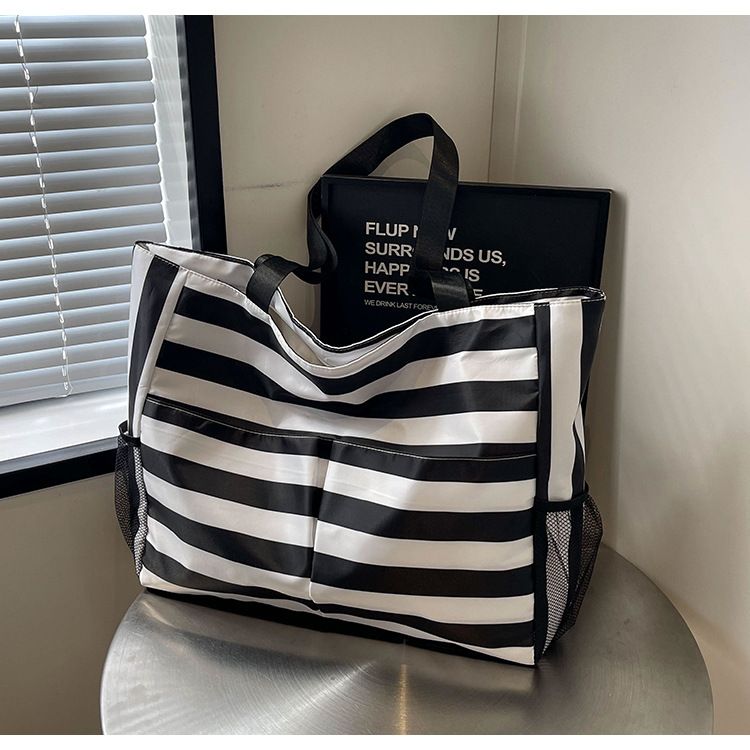 Beach 2024 summer shoulder artistic small fresh striped canvas tote bag large capacity handbag_voghion.com