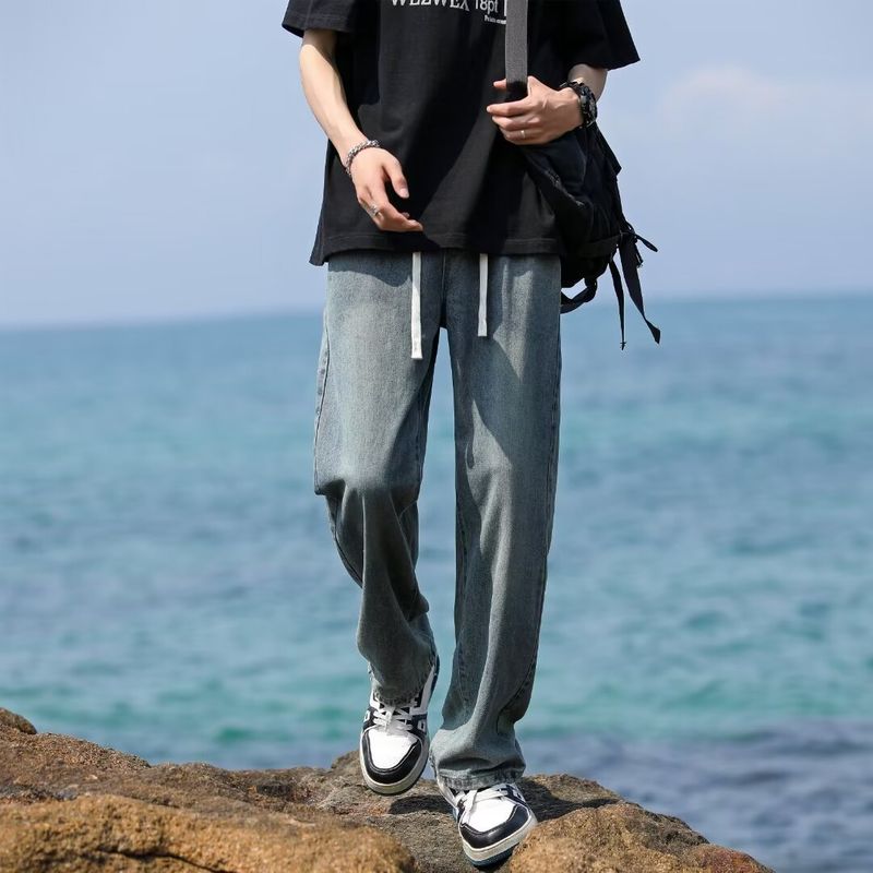Retro jeans for men's summer versatile American wide leg casual pants with elastic waist drawstring and loose straight leg pants_voghion.com