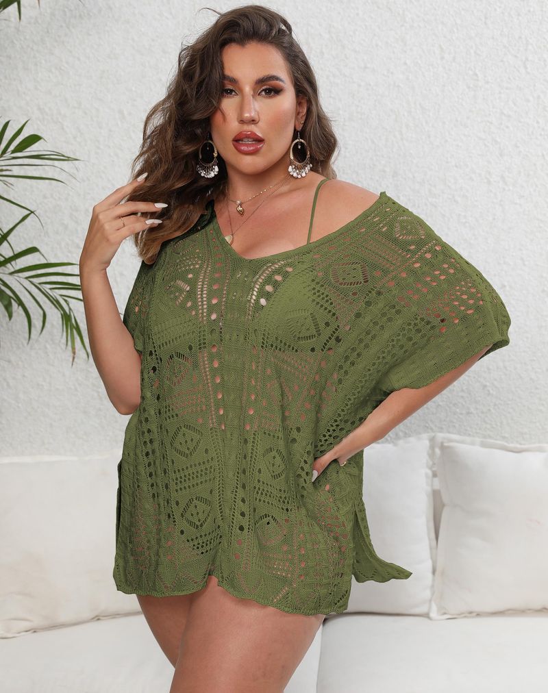 Women's bikini cover-up large size women's woven shirt hollow deep V beach dress_voghion.com