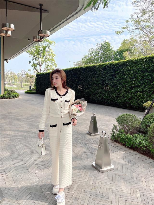 Leichter Luxus für Damen, faules Temperament, kleiner Duftanzug, hochwertige Strickjacke, zweiteiliges Set mit hoch taillierten Hosen mit weitem Bein_voghion.com