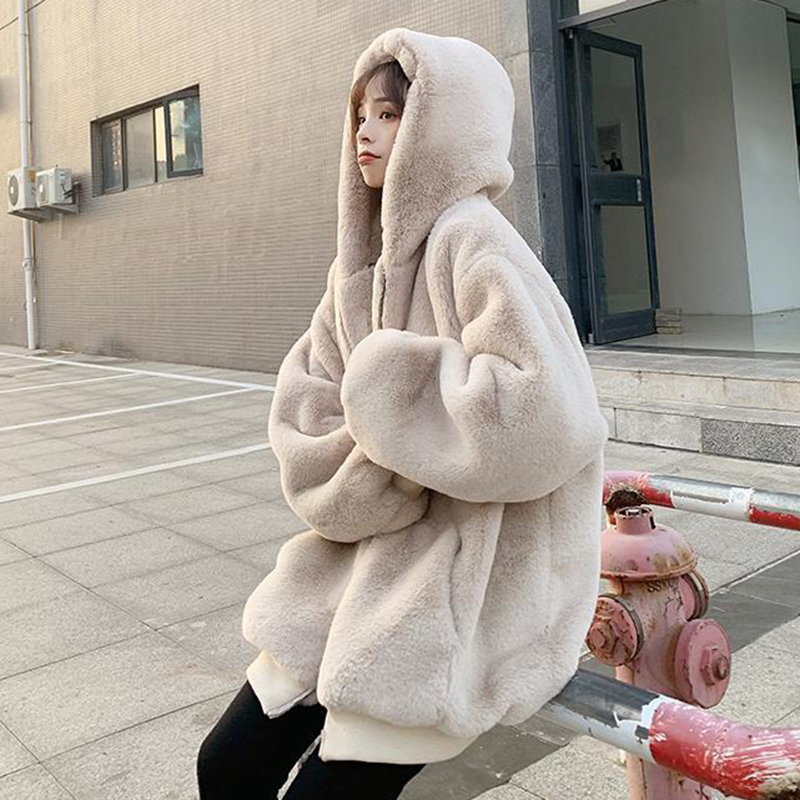 Lucyever, abrigo con capucha de piel sintética de invierno para mujer, chaqueta de piel sintética cálida informal de Color sólido, chaqueta gruesa peluda a la moda para mujer_voghion.com