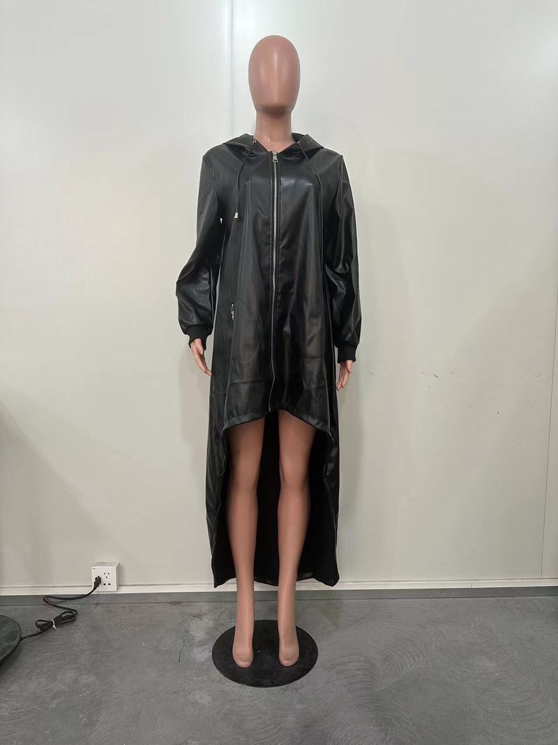D8648 Autumn Winter New Women's Thickened PU Sleeve Hooded Drawstring Front Short Back Long Cape Coat_voghion.com