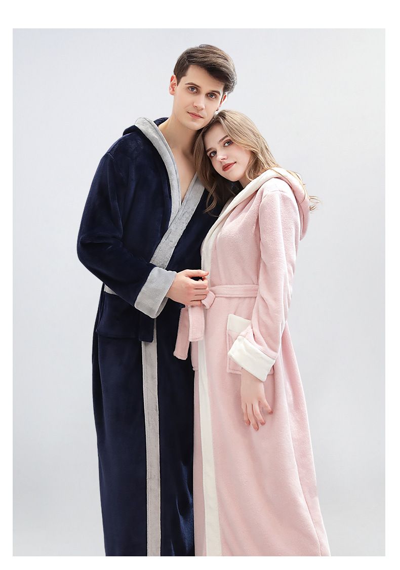 Roupão de flanela aconchegante com capuz para homens e mulheres - robe de pelúcia de inverno, quimono de lã extra longo e grosso, roupa de dormir combinando para casais_voghion.com