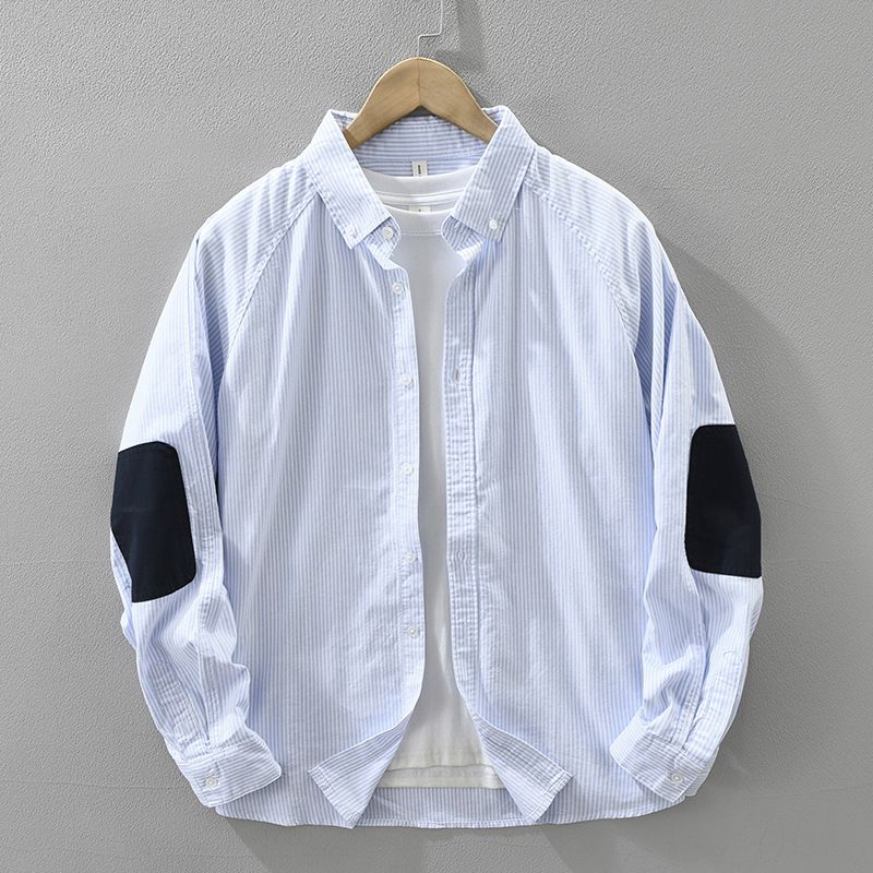 Fresh Striped Color Blocked Long Sleeved Shirt For Men, Versatile And Artistic Casual Loose Top_voghion.com