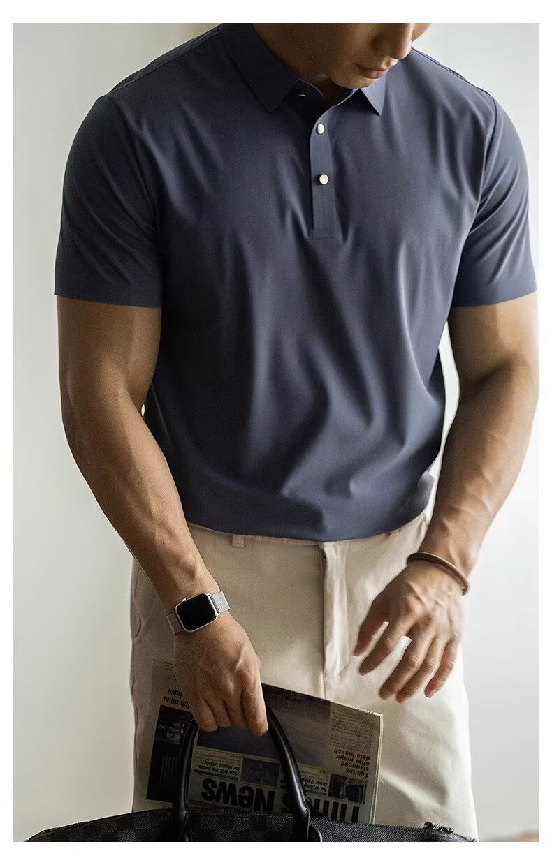 T-shirt da uomo in seta ghiacciata elasticizzata senza cuciture, a maniche corte, con risvolto_voghion.com